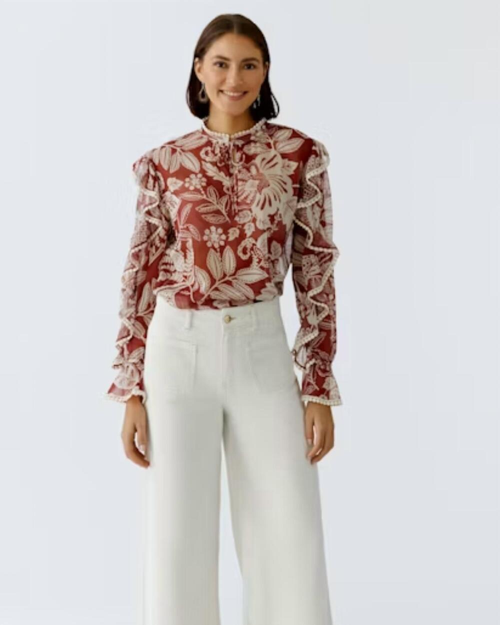 NEW OUI ruffle print blouse in red white